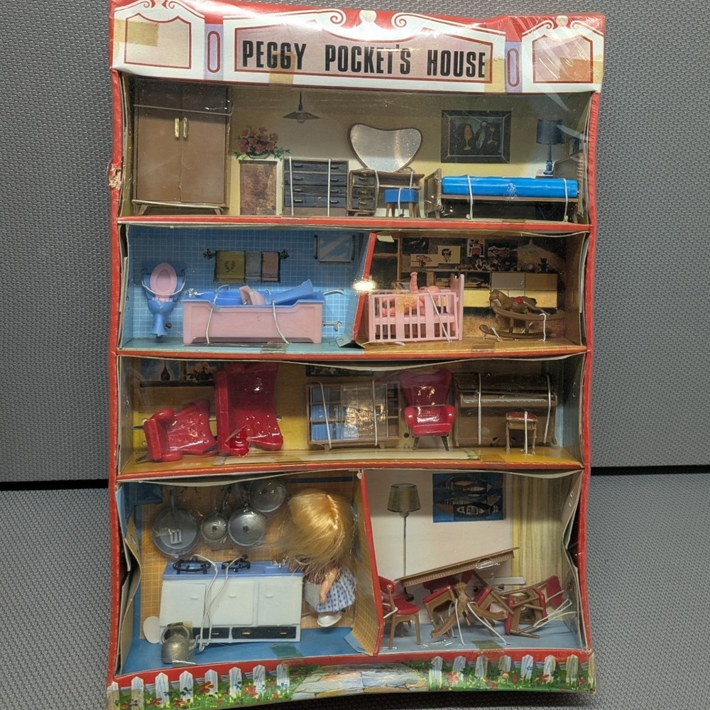 Vintage Peggy Pocket's House Dollhouse Complete Set w/ Furniture & Figures-New